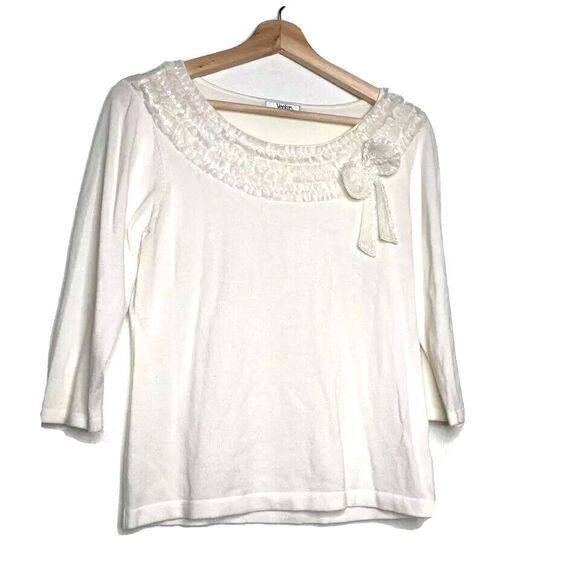 Veeko Womens Top White 3/4 Sleeve Scoop Neck Bow Embellished Sequins Party M - Picture 1 of 8